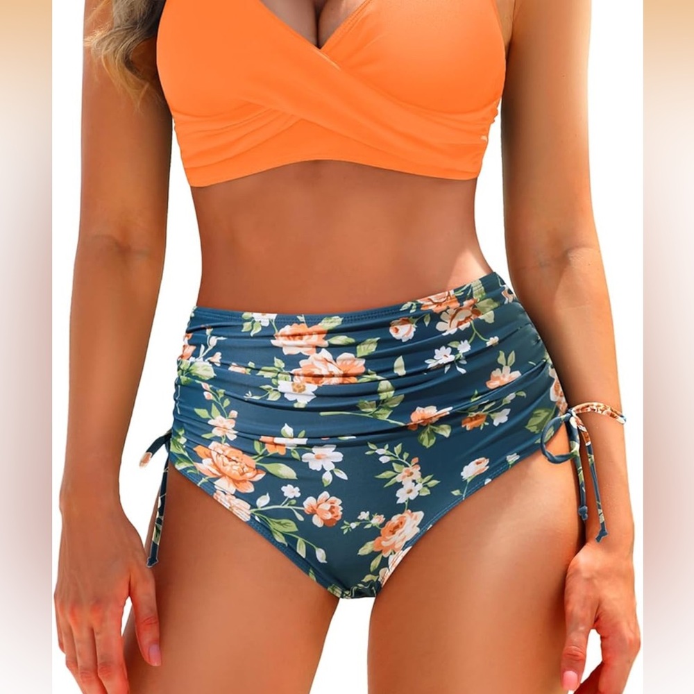 Floral High-Waisted Bikini Bottoms Only- Orange and Blue